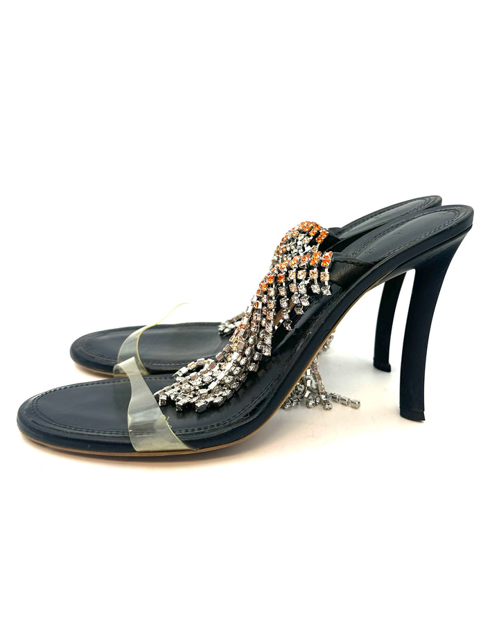 Black and Orange Rhinestone Fringe Heels - Size 40