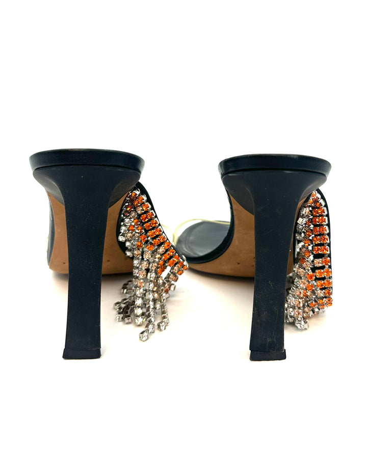 Black and Orange Rhinestone Fringe Heels - Size 40