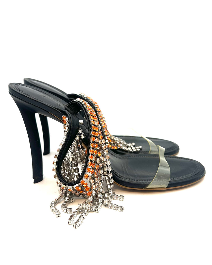 Black and Orange Rhinestone Fringe Heels - Size 40
