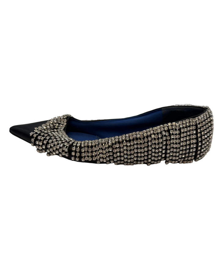 Black Leather Rhinestone Fringe Flats - Size 39