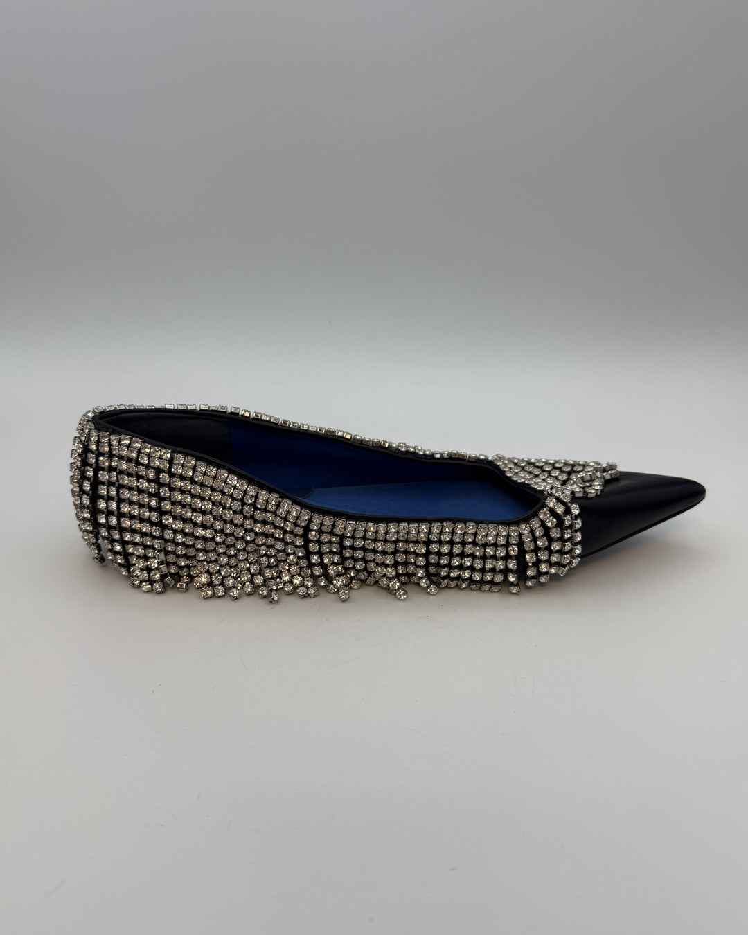 Black Leather Rhinestone Fringe Flats - Size 39