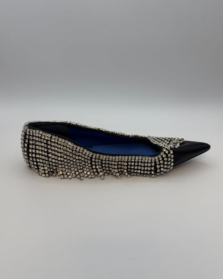 Black Leather Rhinestone Fringe Flats - Size 39