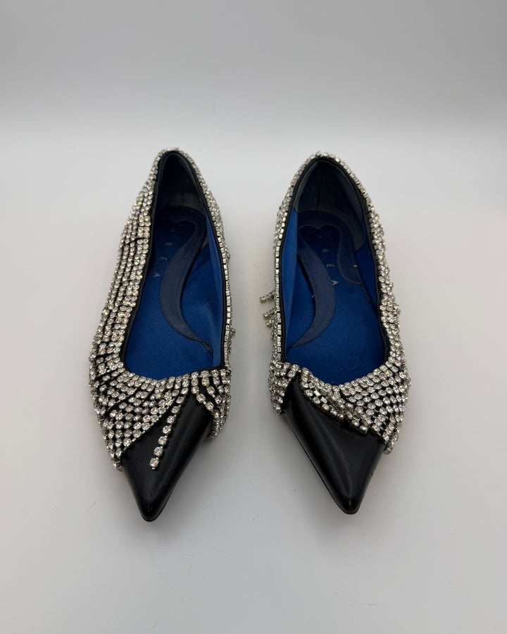Black Leather Rhinestone Fringe Flats - Size 39
