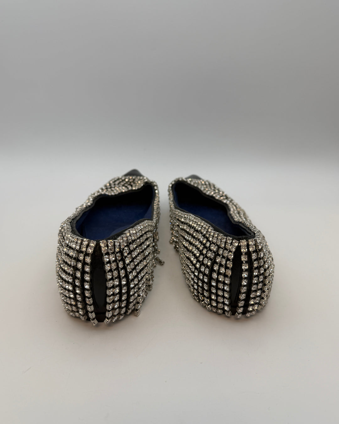 Black Leather Rhinestone Fringe Flats - Size 39