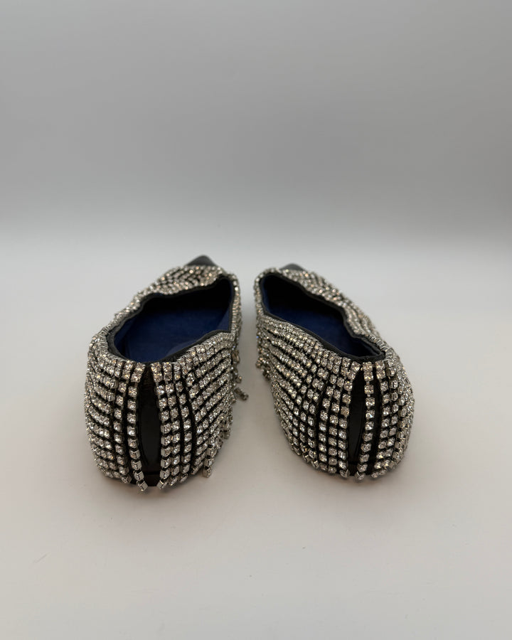 Black Leather Rhinestone Fringe Flats - Size 39