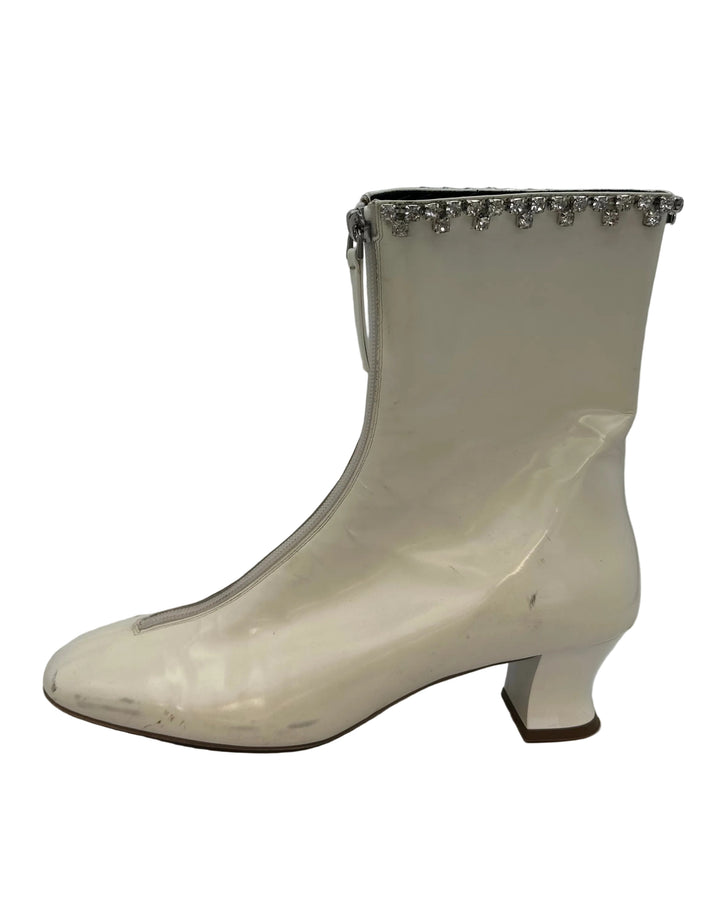 White Patent Leather Rhinestone Trim Booties - Size 40