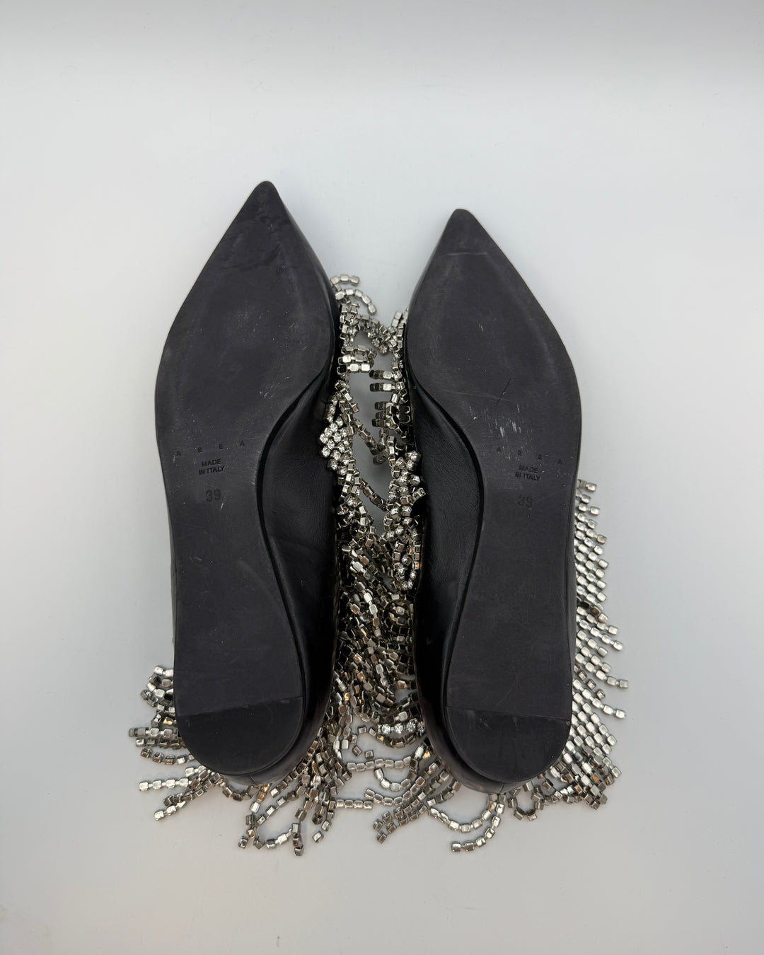Black Leather Rhinestone Fringe Flats - Size 39
