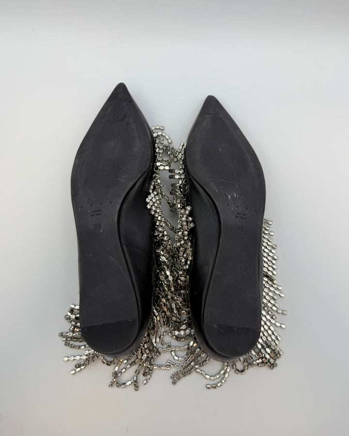 Black Leather Rhinestone Fringe Flats - Size 39