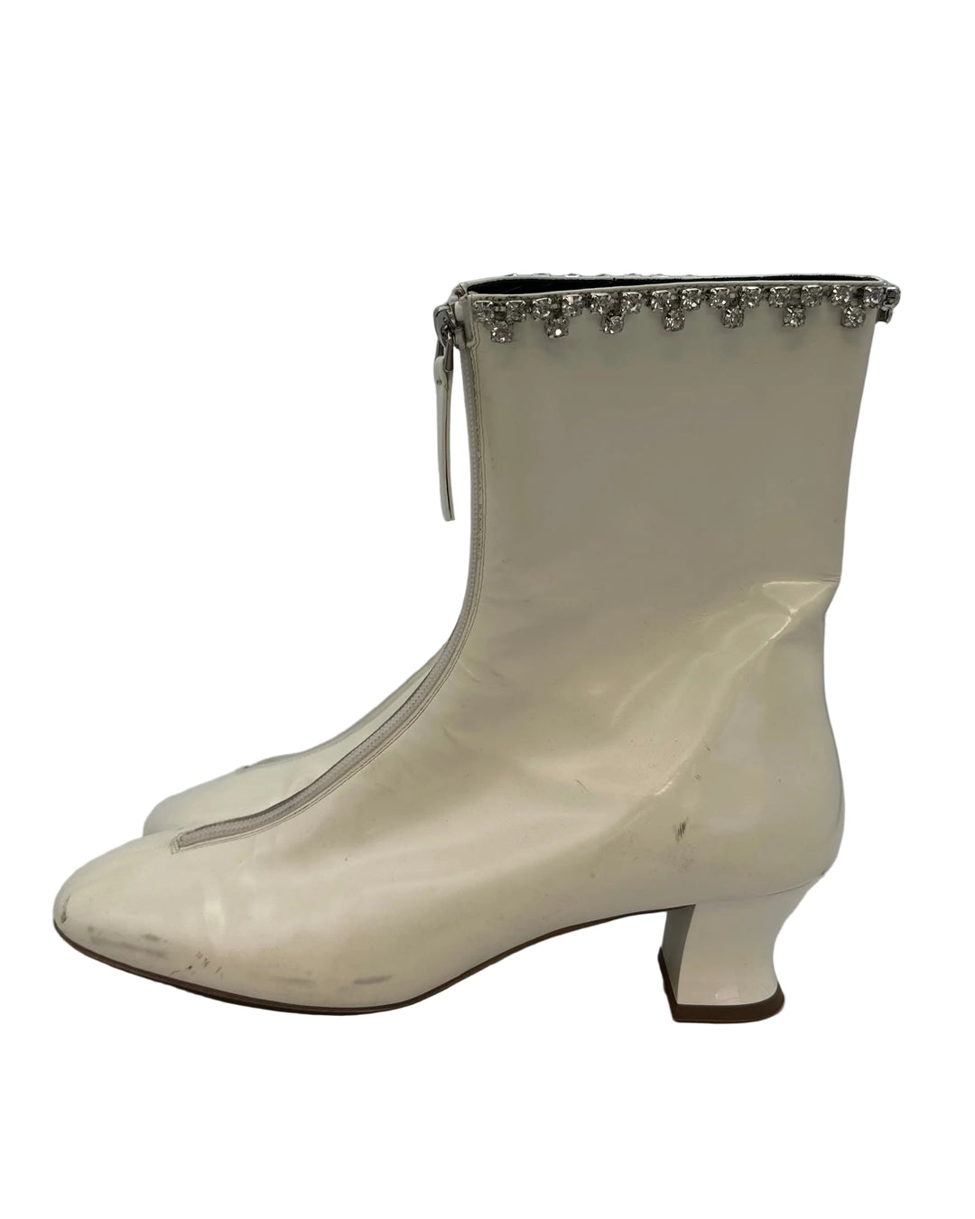 White Patent Leather Rhinestone Trim Booties - Size 40