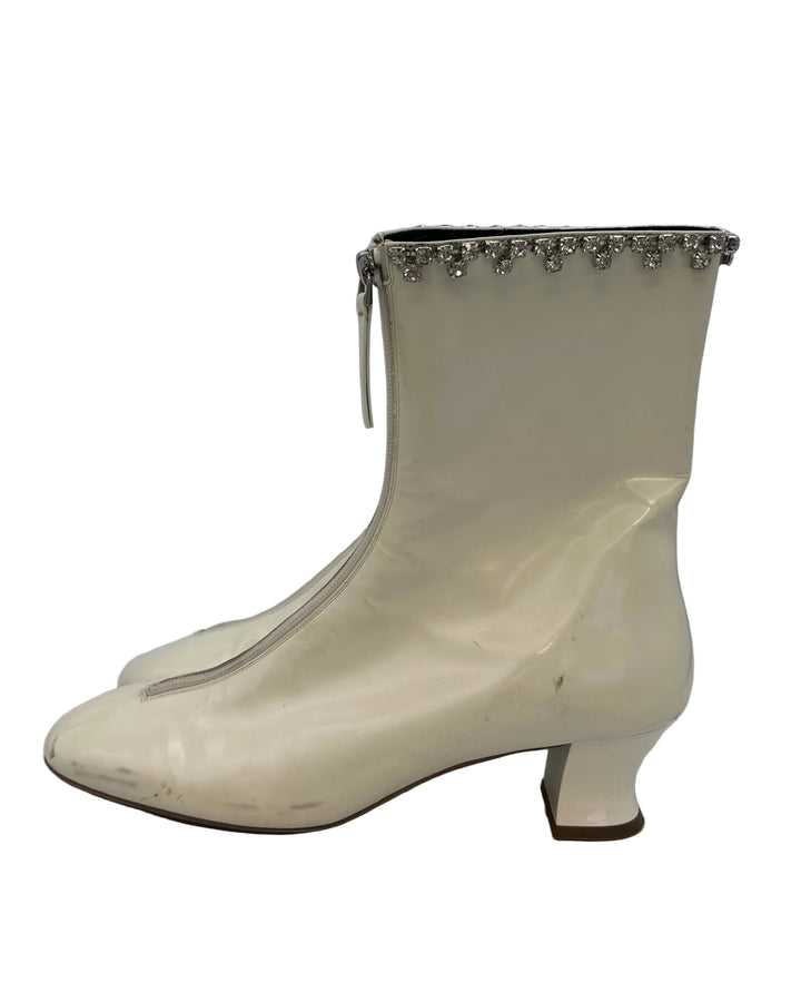 White Patent Leather Rhinestone Trim Booties - Size 40