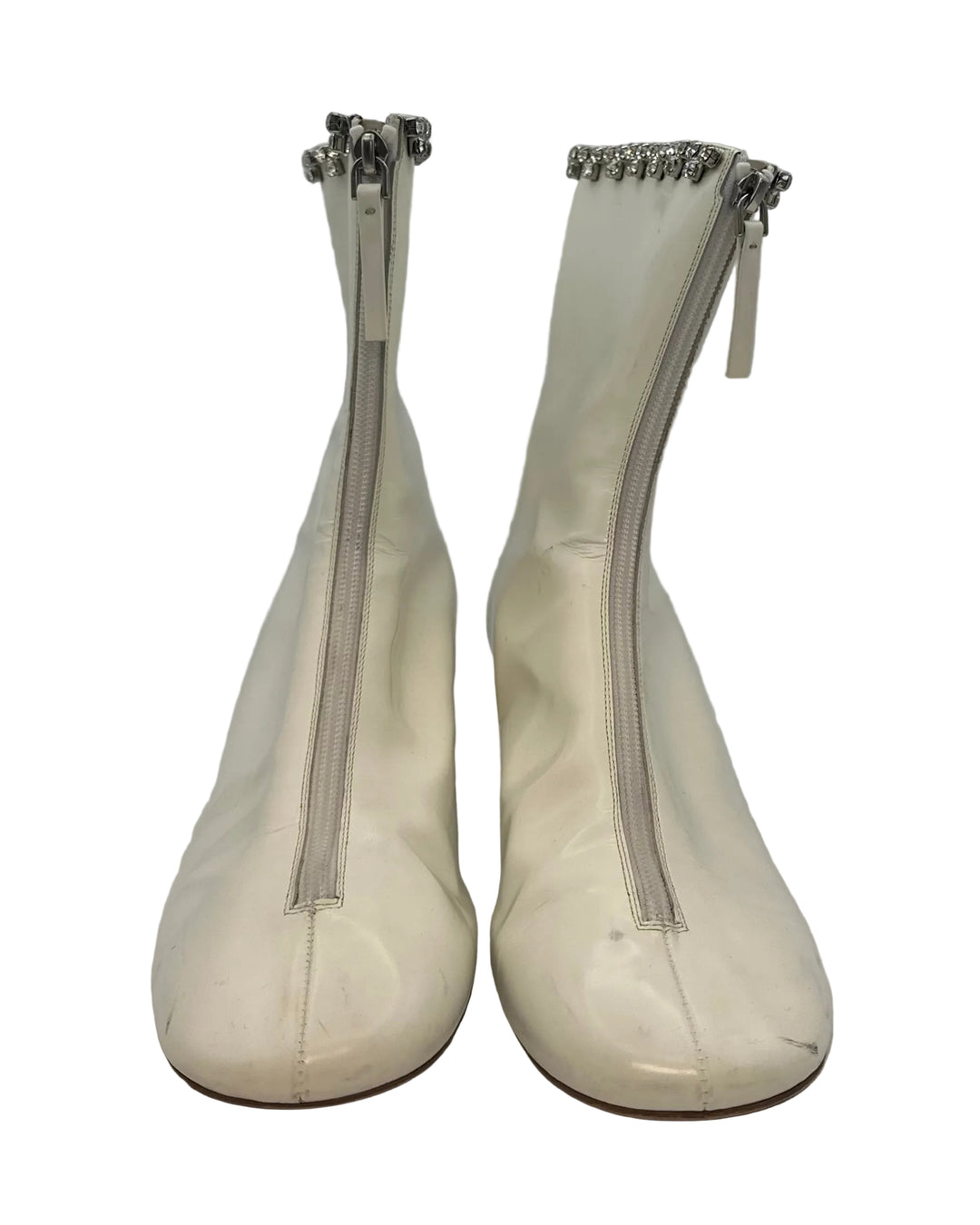 White Patent Leather Rhinestone Trim Booties - Size 40