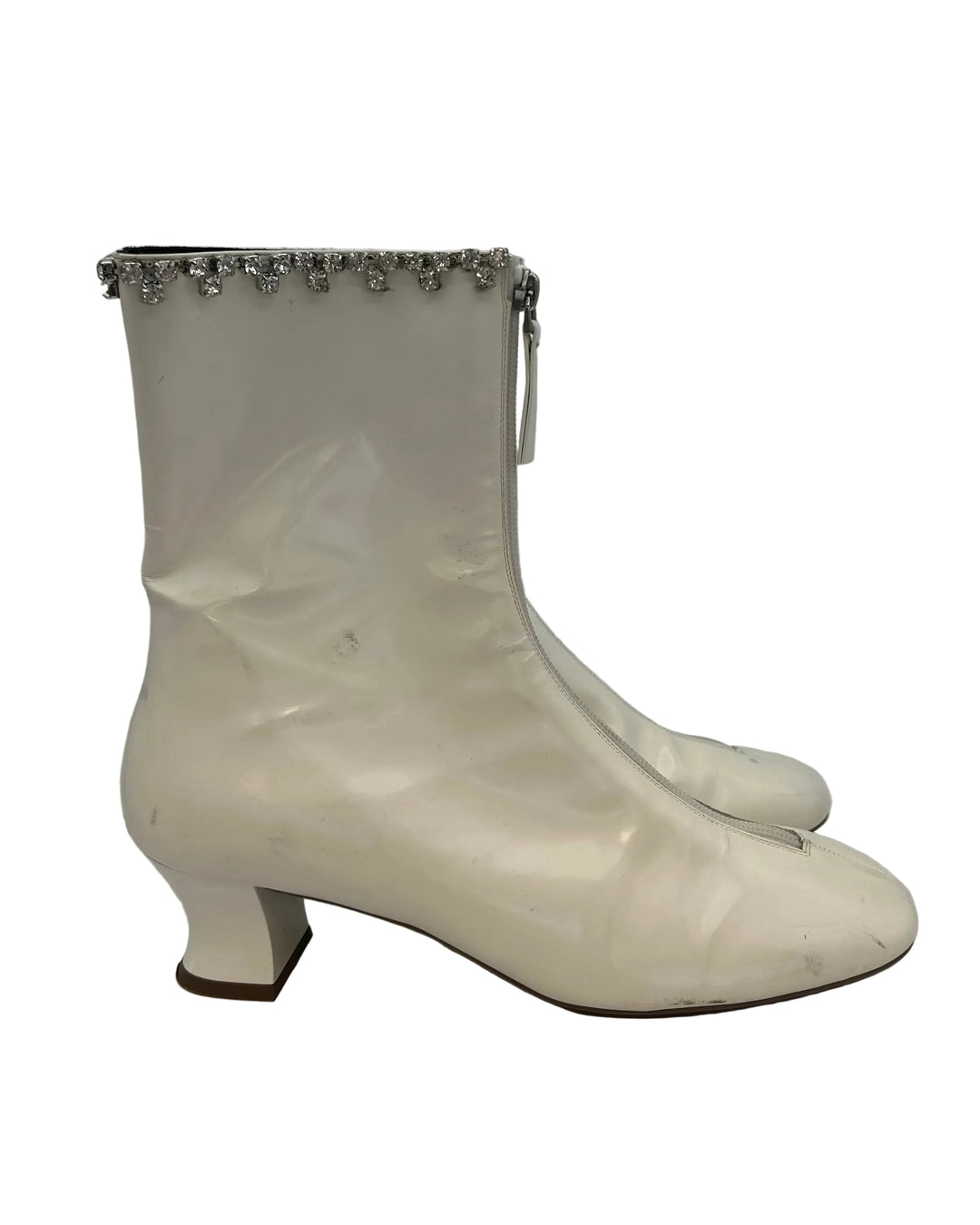 White Patent Leather Rhinestone Trim Booties - Size 40
