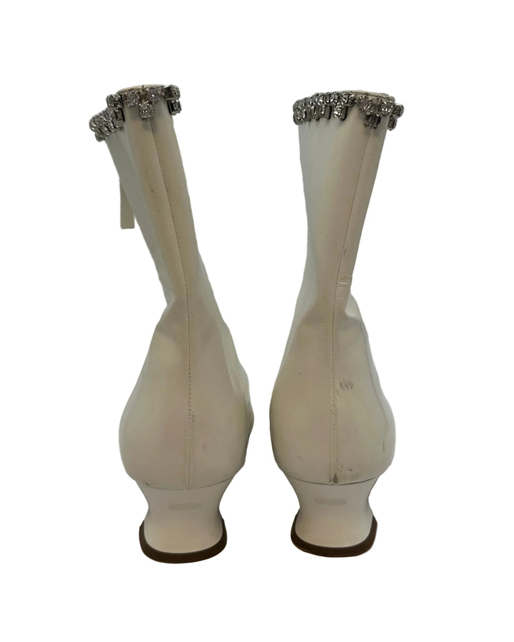 White Patent Leather Rhinestone Trim Booties - Size 40