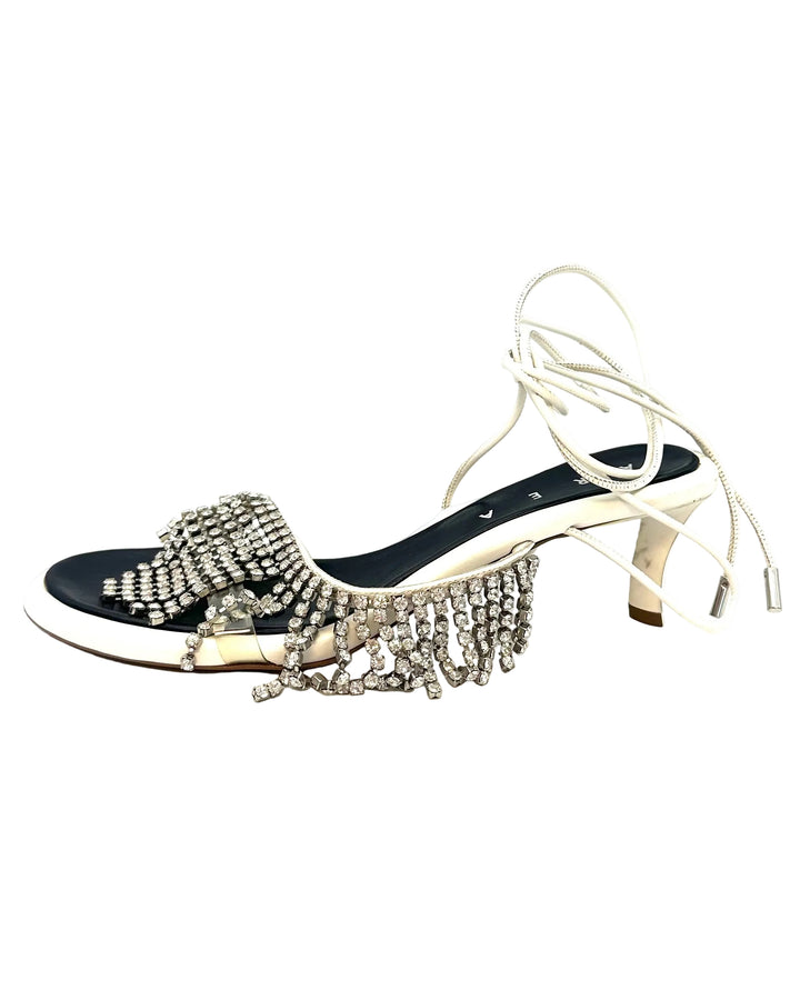 White Fringe Wrap Around Kitten Heels - Size 39