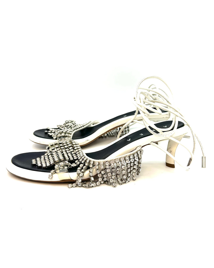 White Fringe Wrap Around Kitten Heels - Size 39
