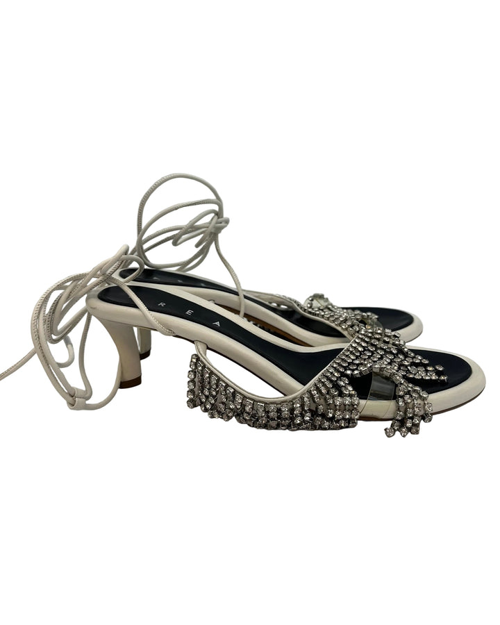White Fringe Wrap Around Kitten Heels - Size 39