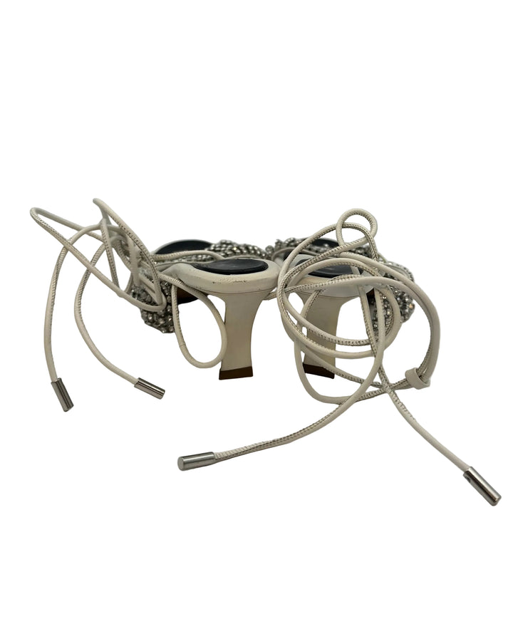 White Fringe Wrap Around Kitten Heels - Size 39