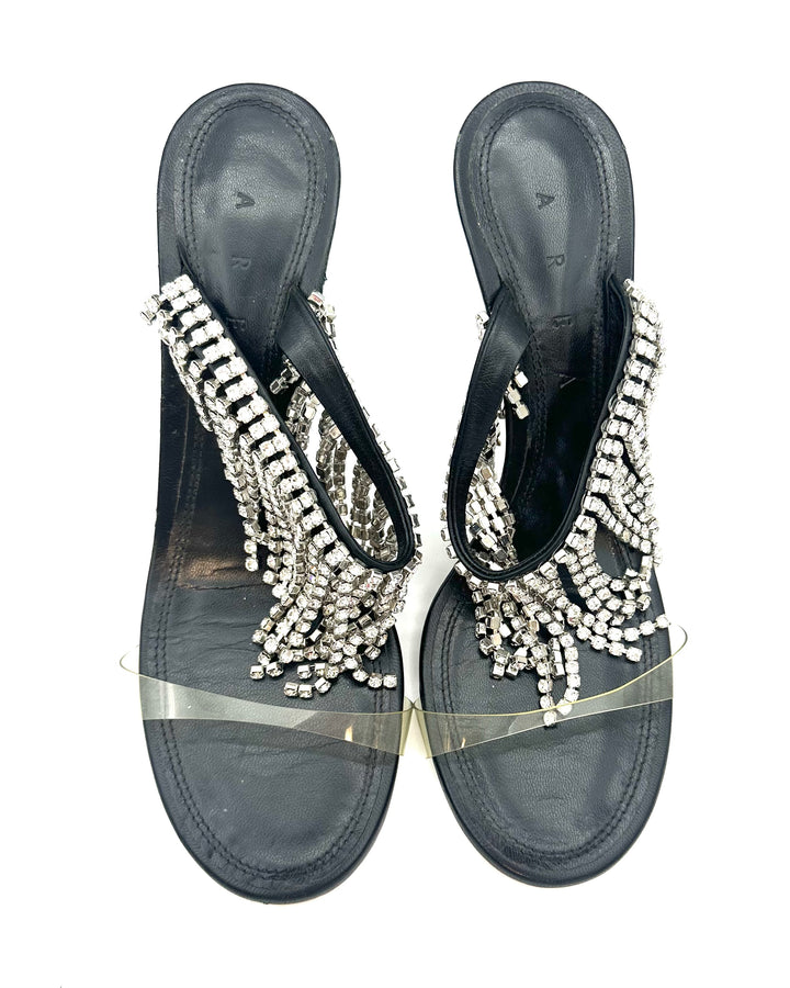 Silver Fringe and Black Leather Heels - Size 40