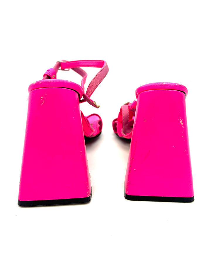 Neon Pink Leather A Front Block Heels - Size 39