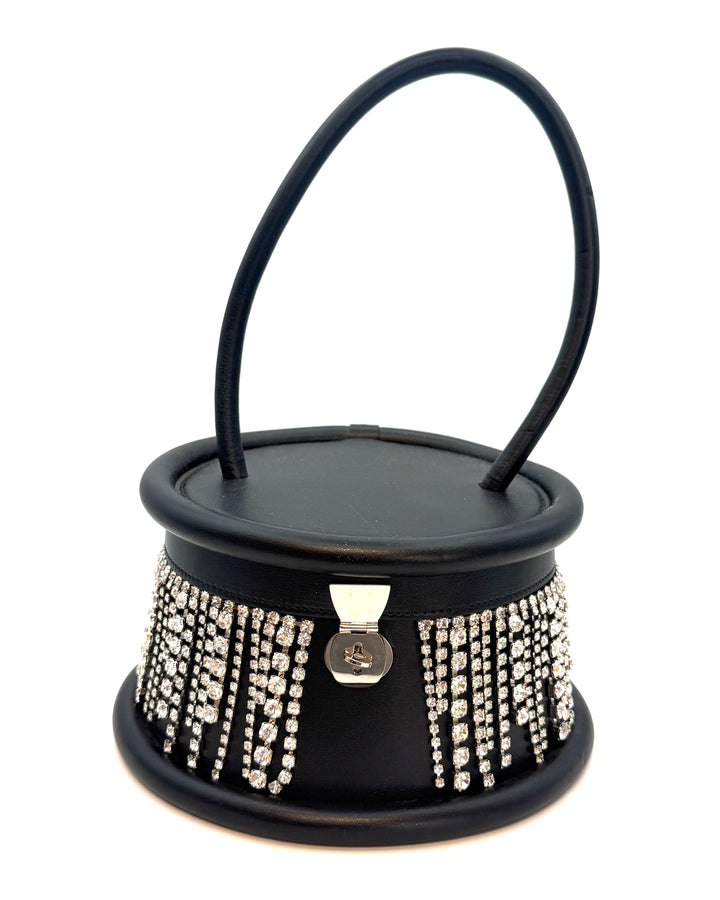 Black with Rhinestone Fringe Round Handbag