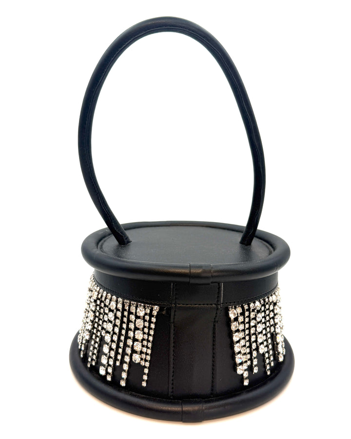 Black with Rhinestone Fringe Round Handbag
