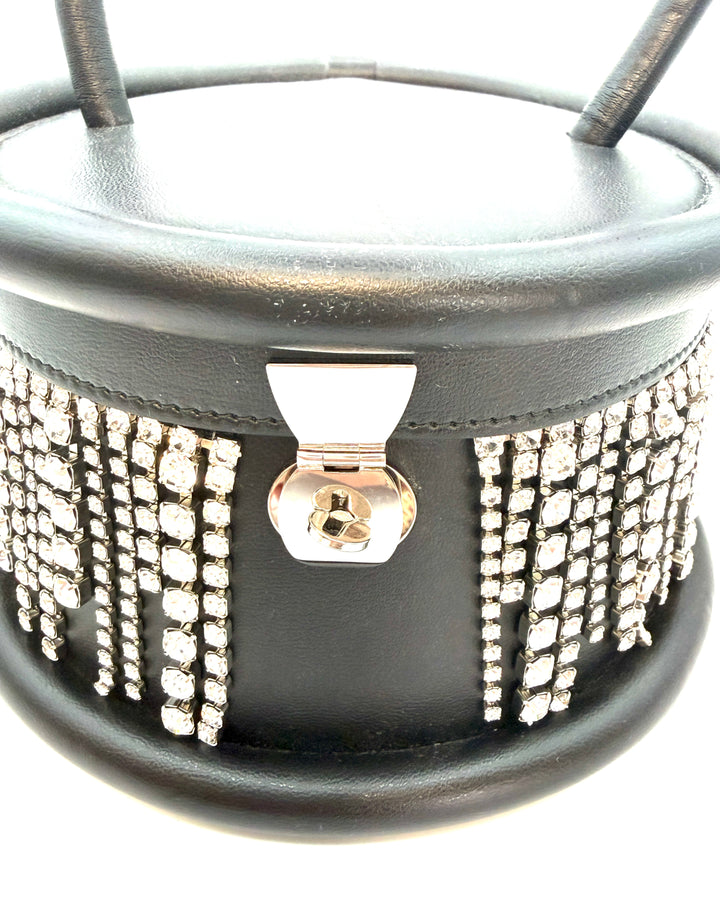 Black with Rhinestone Fringe Round Handbag