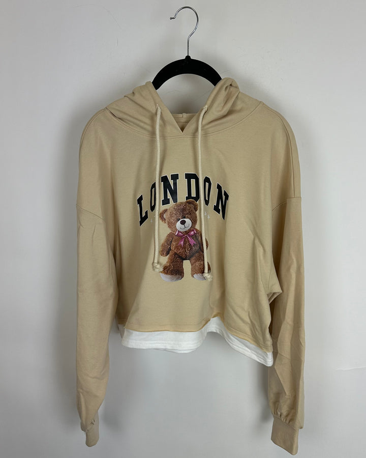 Beige Cropped Graphic Hoodie - Size Medium