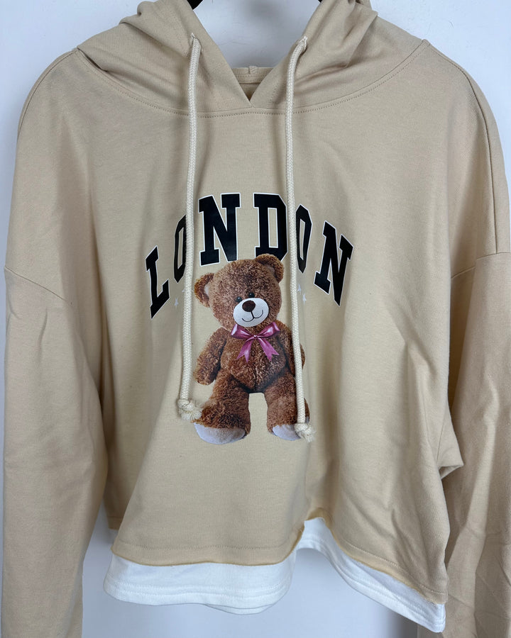 Beige Cropped Graphic Hoodie - Size Medium