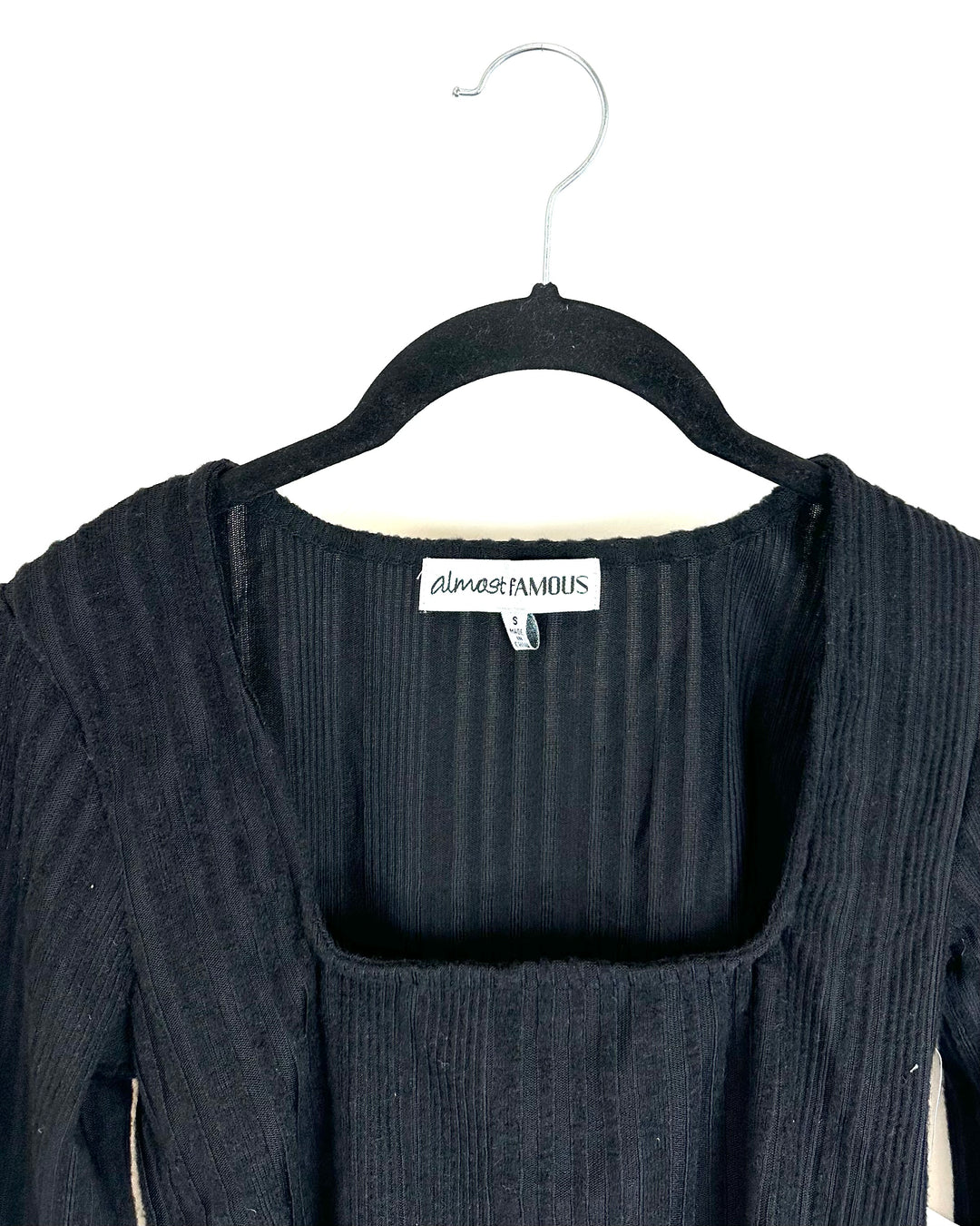 Black Ribbed Square Neck Top - Size Small