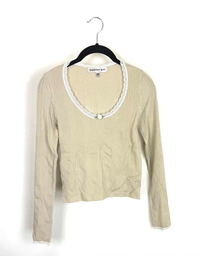 Sand Long Sleeve Top with Flower Detail - Size 4/6