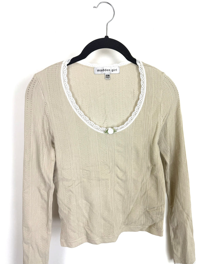 Sand Long Sleeve Top with Flower Detail - Size 4/6