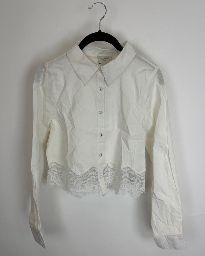 White Lace Hem Button-Up Shirt - Size 2/4