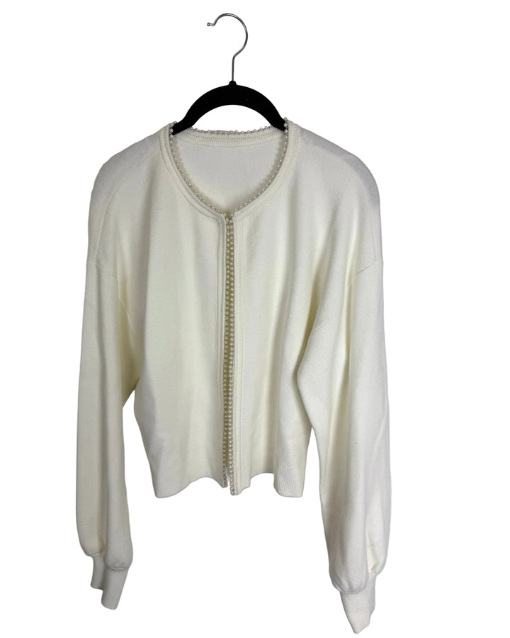 White Faux Pearl Trim Cardigan - 4/6