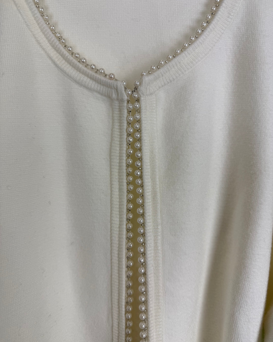 White Faux Pearl Trim Cardigan - 4/6