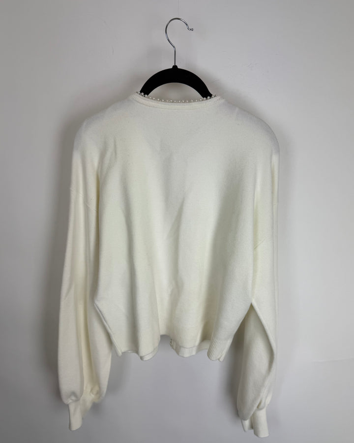 White Faux Pearl Trim Cardigan - 4/6
