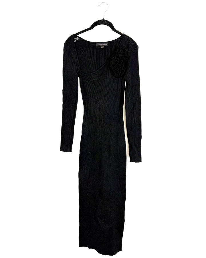 Black Ribbed Knit Dress with Rosette Detail - Size 2/4