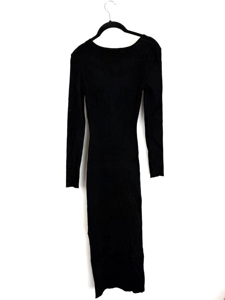 Black Ribbed Knit Dress with Rosette Detail - Size 2/4