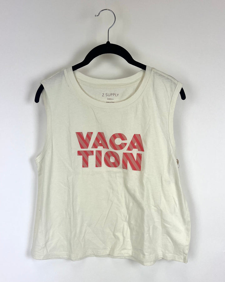 "Vacation" White Muscle Tank - Size 4/6