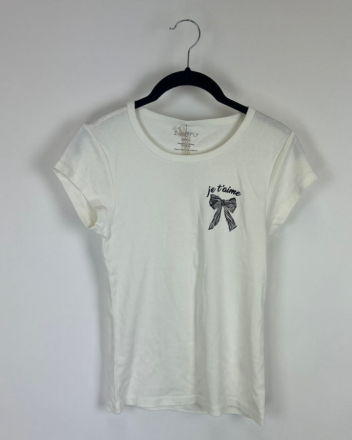 "Je T'aime" White Bow Tee - Size 4/6