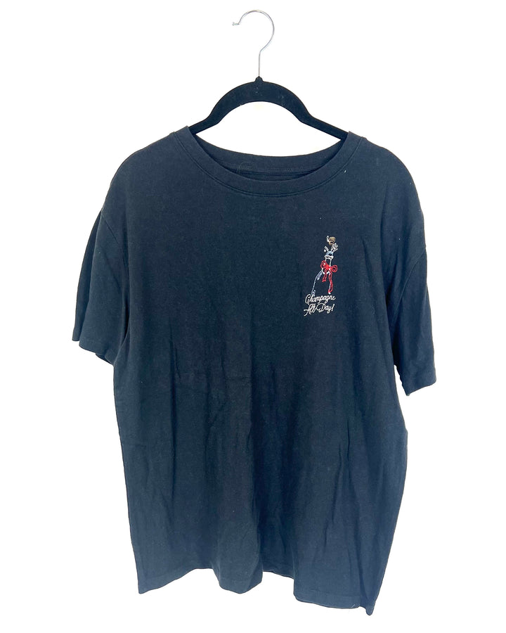 "Champagne All Day" Embroidered Black Tee - Size 4/6