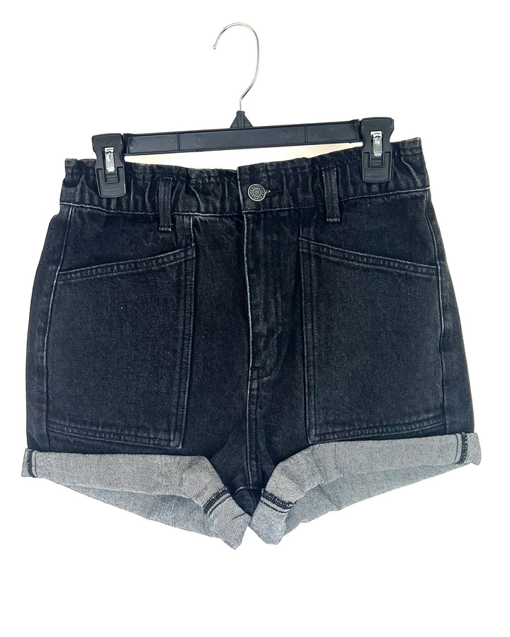 Black Denim Scrunched Short - Size 27 Waist