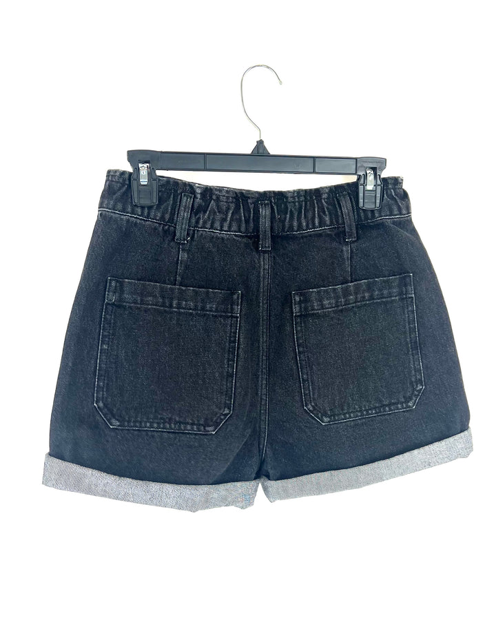 Black Denim Scrunched Short - Size 27 Waist