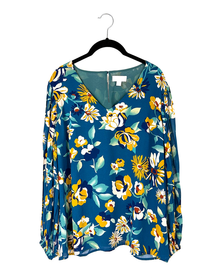 Blue With Floral Print Long Sleeve Blouse With Keyhole Neck - Size 14-16