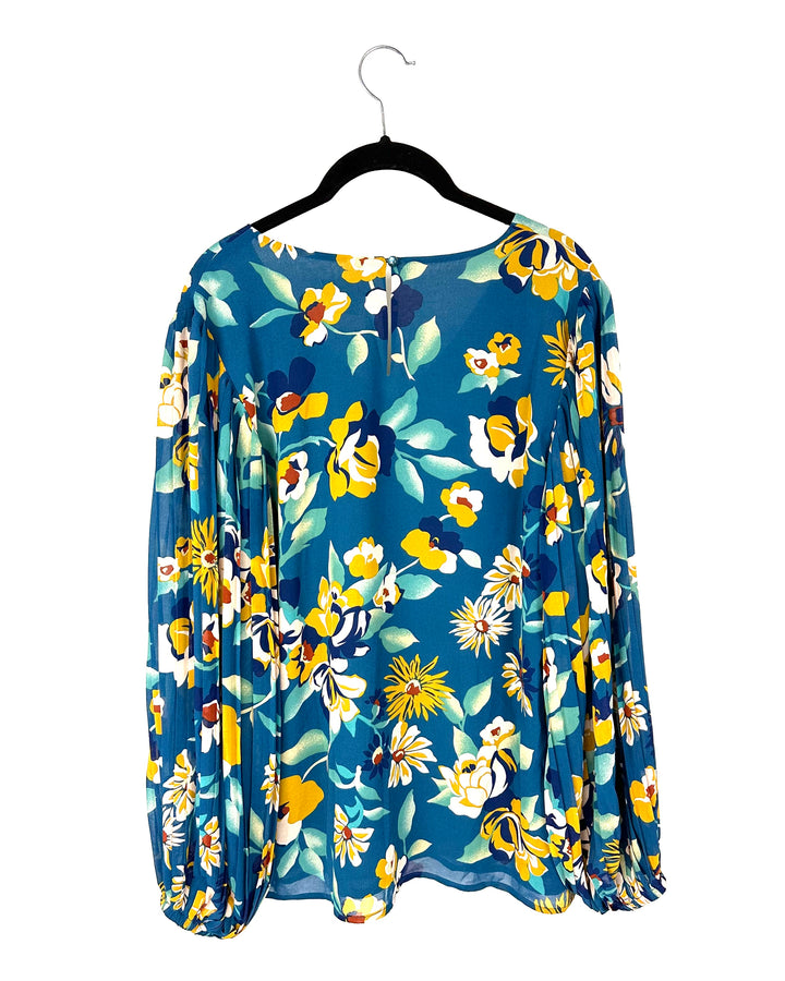 Blue With Floral Print Long Sleeve Blouse With Keyhole Neck - Size 14-16