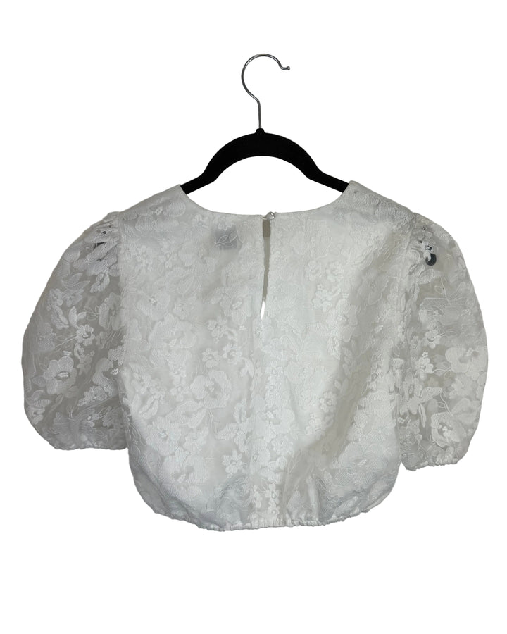 White Floral Lace Puff Sleeve Top  - Small