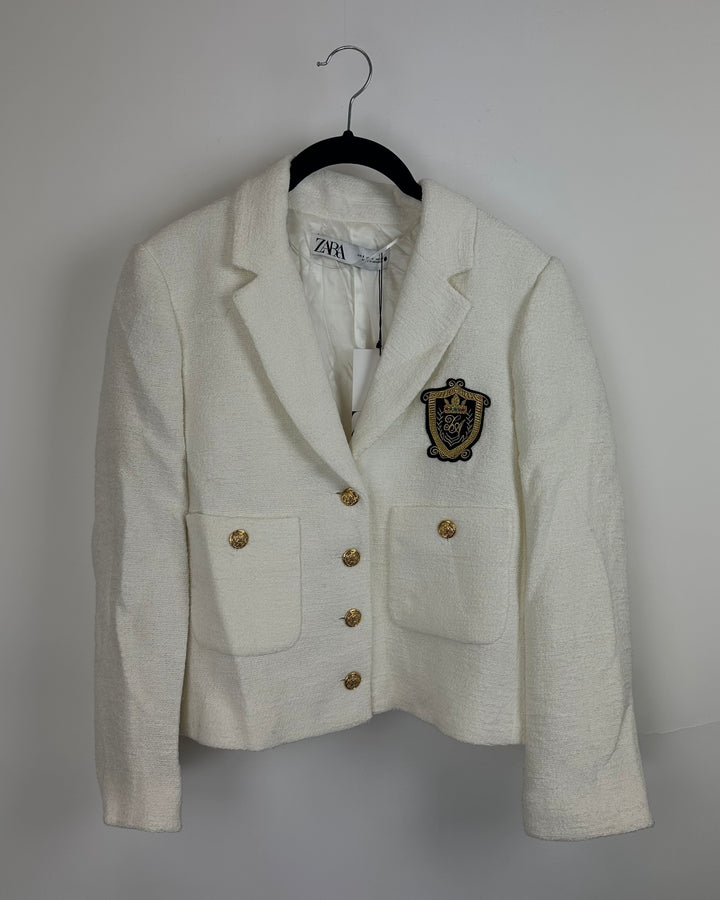 ZARA White Textured Cropped Blazer - Small