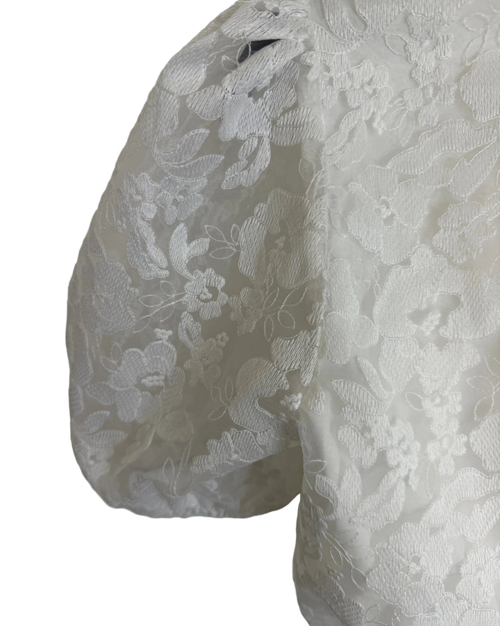 White Floral Lace Puff Sleeve Top  - Small