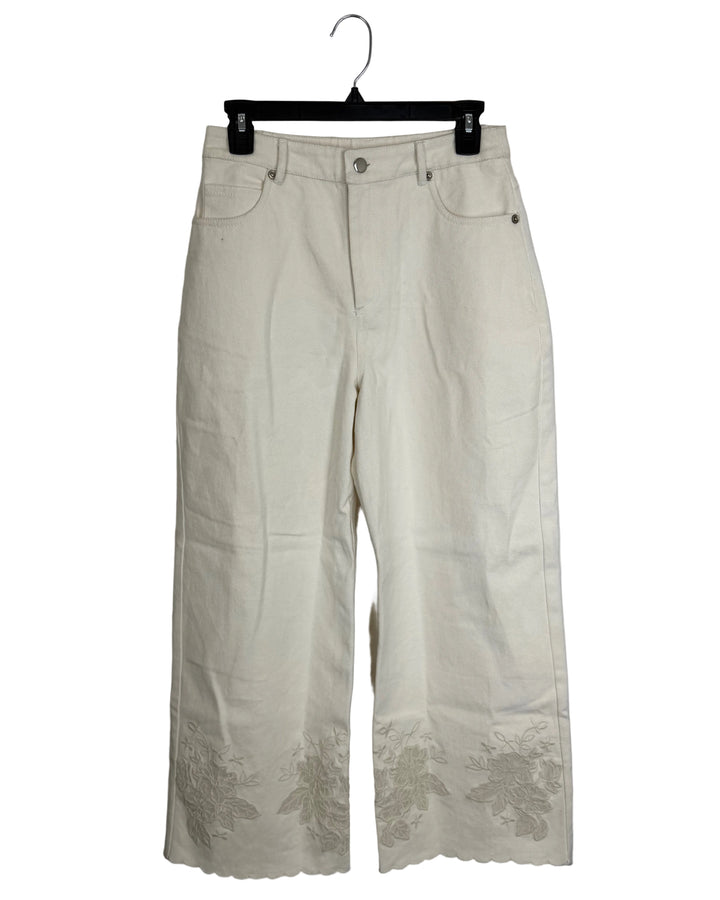 White Floral Lace Applique Jeans - Small