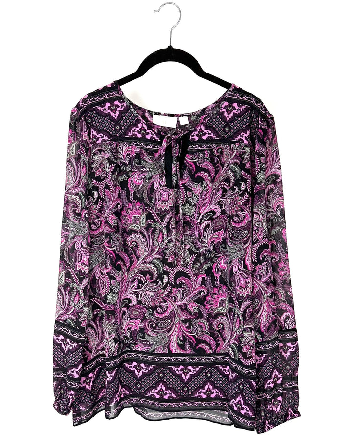 Pink and Black Paisley Print Long Sleeve Blouse - Size 10-12