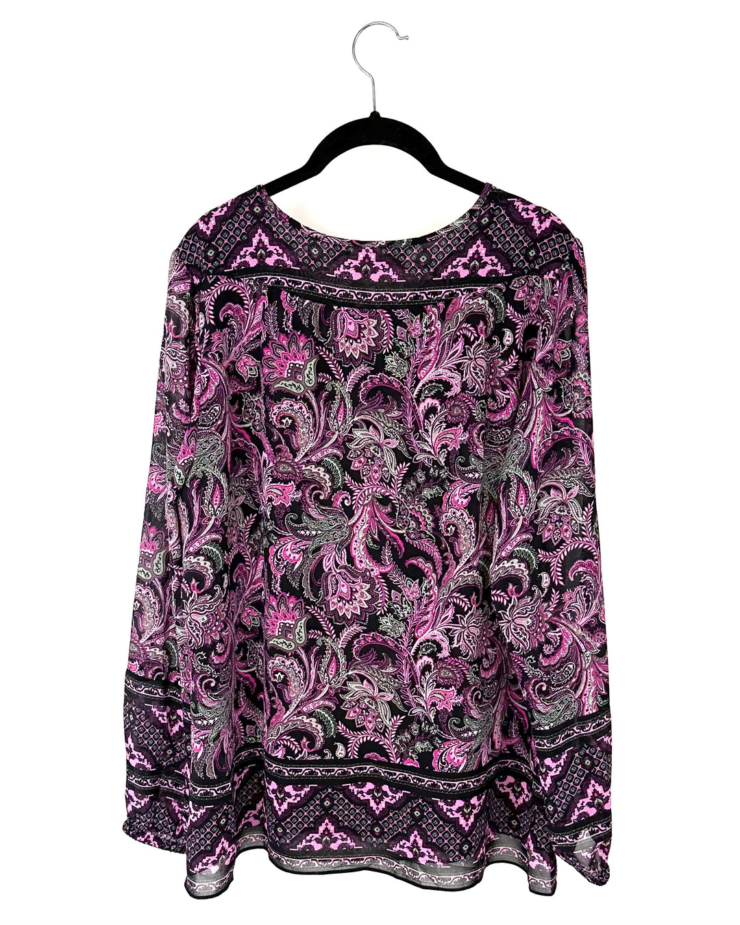 Pink and Black Paisley Print Long Sleeve Blouse - Size 10-12